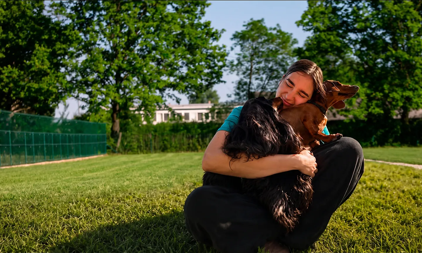 A Pasinsky team member hugging a dog on the hotel lawn