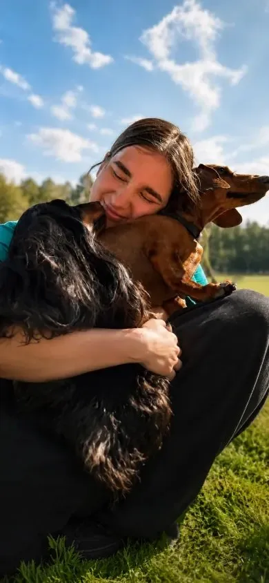 A Pasinsky team member hugging a dog on the hotel lawn