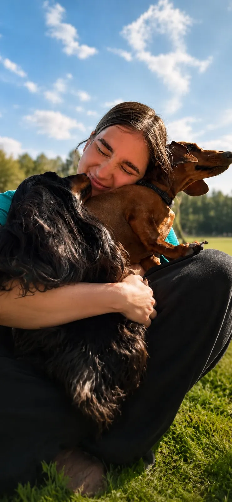 A Pasinsky team member hugging two dachshunds on the lawn